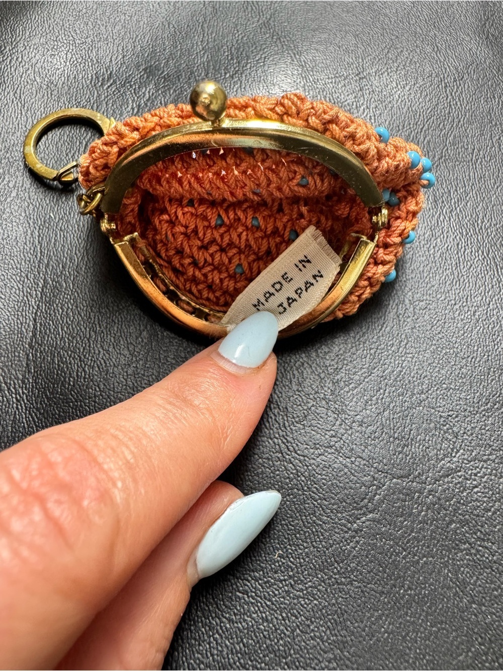 Hand-Crocheted Orange Coin Purse with Blue Beads Keychain - Picture 2 of 2